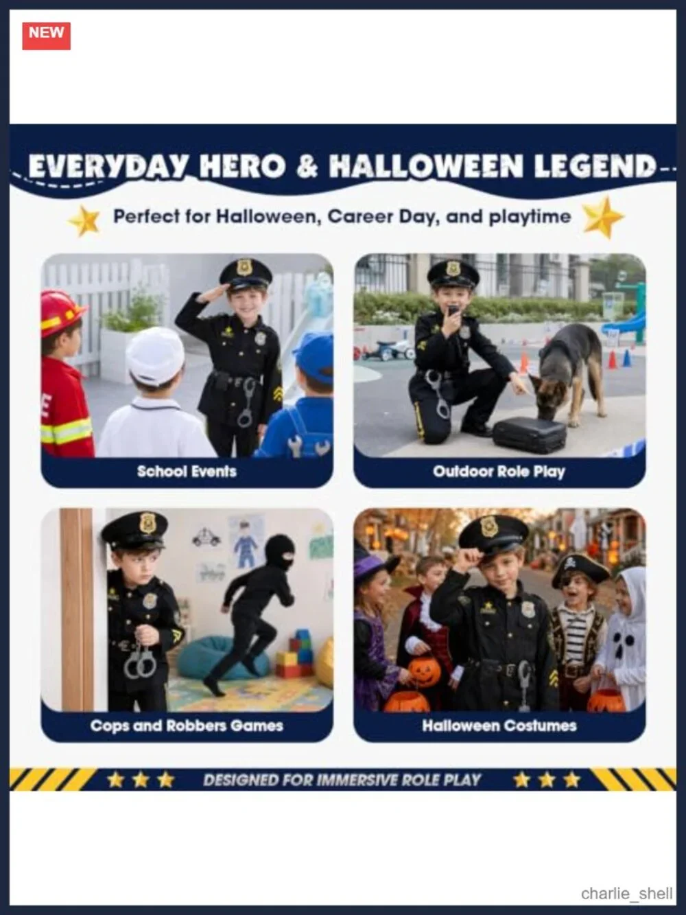 Kids Police Officer Costume Set 5-Piece Halloween Pretend Play Polyester